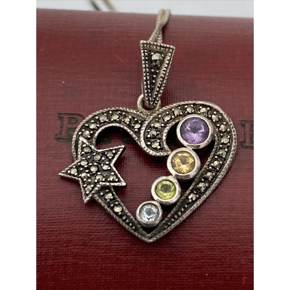 Vintage Sterling Silver Multi Gemstone Marcasite Heart Star Pendant Italy Chain